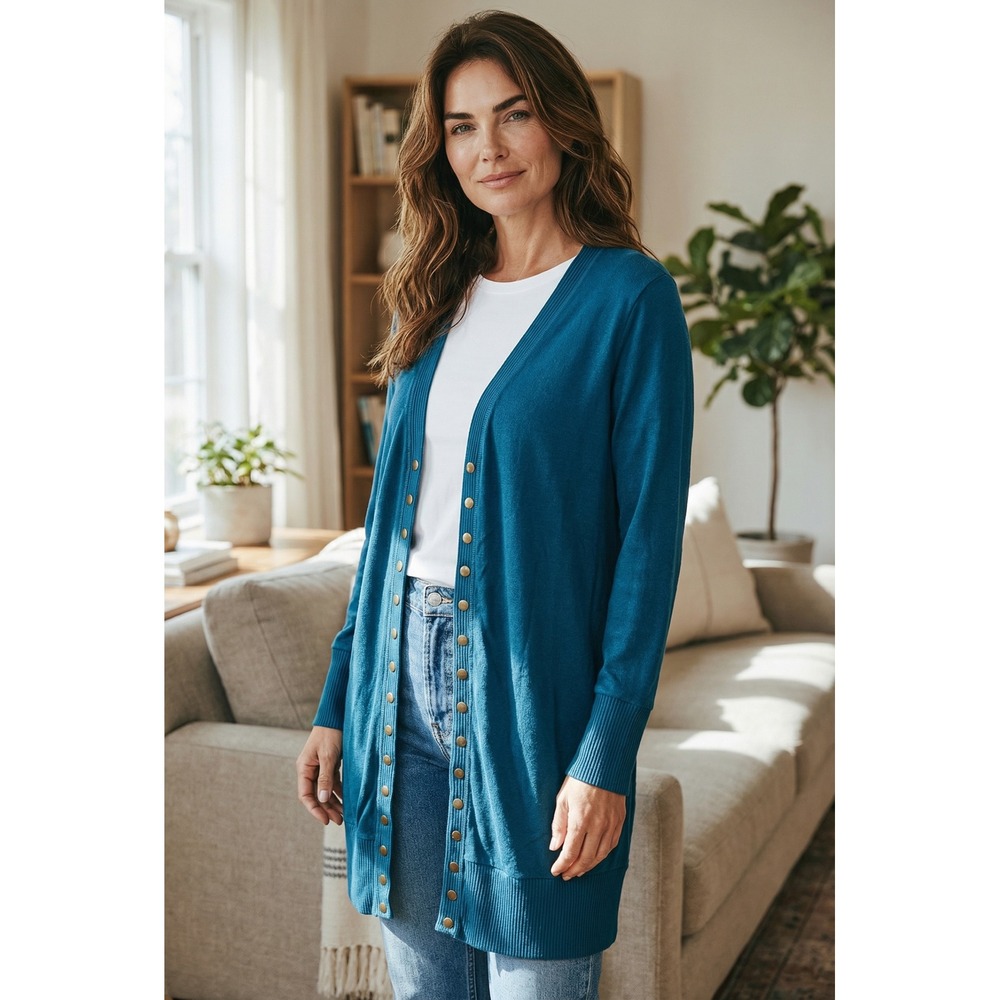 Zenana Outfitters Teal Blue Longline Snap‎ Front Cardigan Sweater Women's 2X